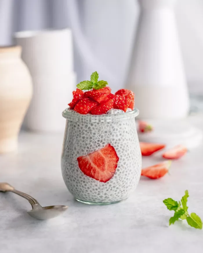Chia pudding with coconut and strawberries